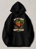 Black Pullover Hoodie with Dirty Hands Happy Heart Text and Vegetable Wheelbarrow Graphic Unisex Casual Sweatshirt for Gardening L