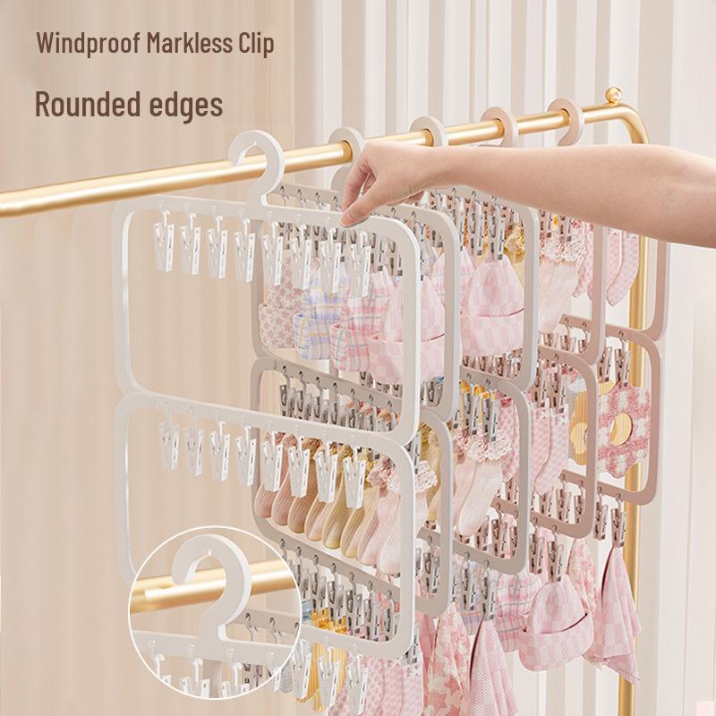 Multi-Functional Baby Clothes Hanger with Sock Clips - Seamless Wardrobe Storage and Drying Solution Cream 2-Tier 18 Clips
