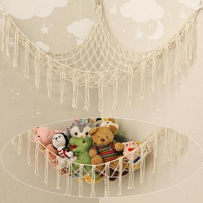 Corner Hanging Woven Cotton Rope Toy Storage Net with Tassels