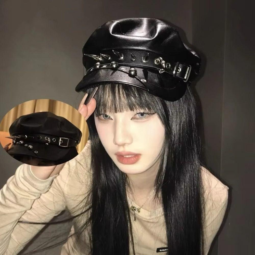 PU Leather Rivet Punk Cap Dark Retro Painter Hat Harajuku Gothic Spike Cap  Headdress