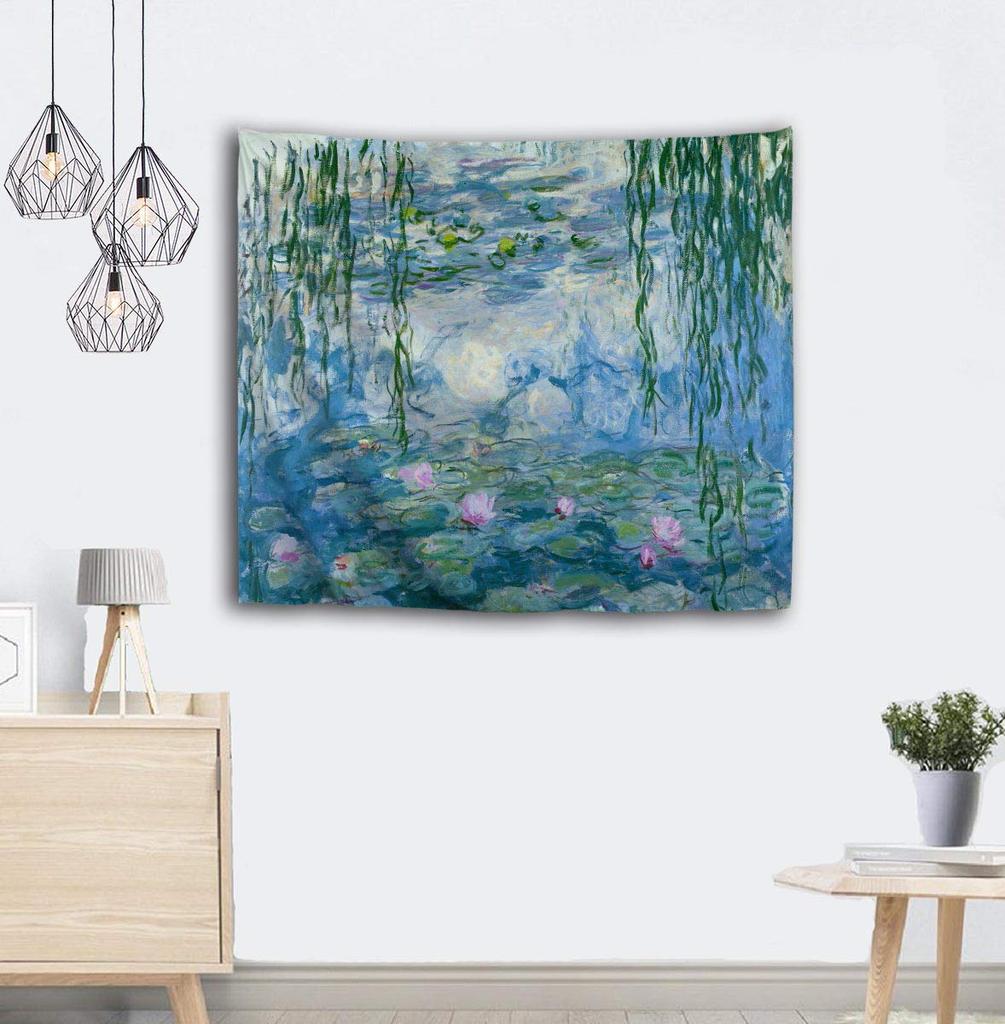 VIKAMA Monet Water Lilies Oil Painting Tapestry Impressionist Art Style Wall Hanging for Living Room Study Homestay Decor