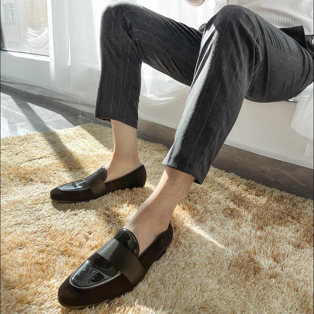 [Velvet + patent leather] Loafers business casual leather shoes men's round head men's shoes