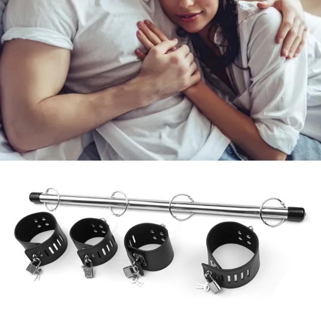 Restraint Bondage Toys with Lockable Handcuffs Ankle Cuffs Stainless Steel Bar Adjustable PU Leather Spreader Bar
