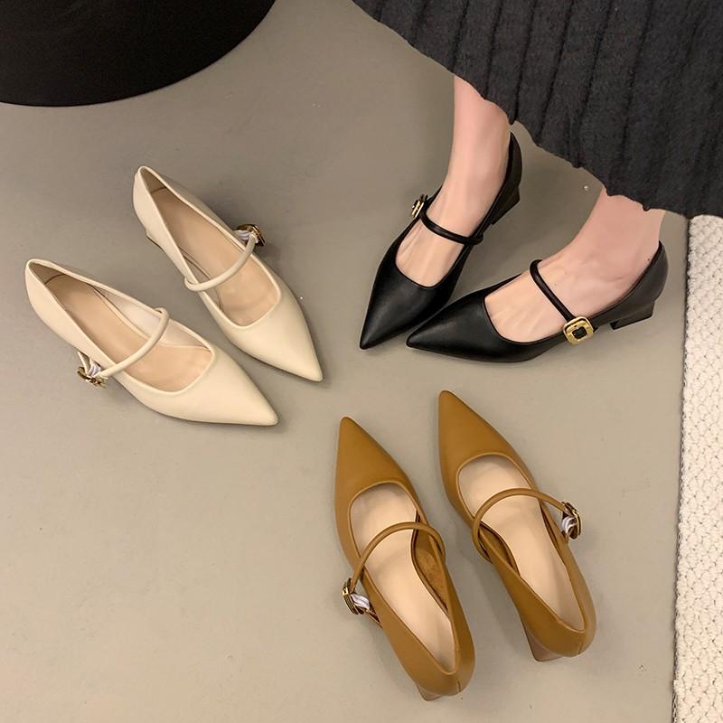 Designer Spring Autumn Pointed Toe Leather Shoes Women Pumps Shallow Low Heel Shoes Ladies Street Style Mary Jane Shoes