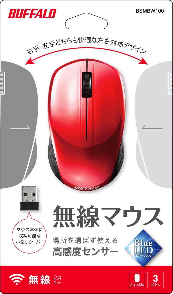 Buffalo BUFFALO Wireless BlueLED BSMBW105RD (2.4GHz) 3-Button Mouse, Red,