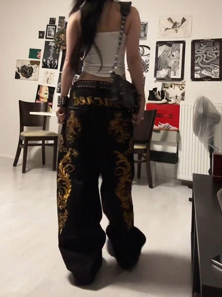 ZYLLO American Retro Dragon Print Straight Jeans Millennium Subculture Fashion Harajuku Hip Hop Y2k Pants Baggy Jeans