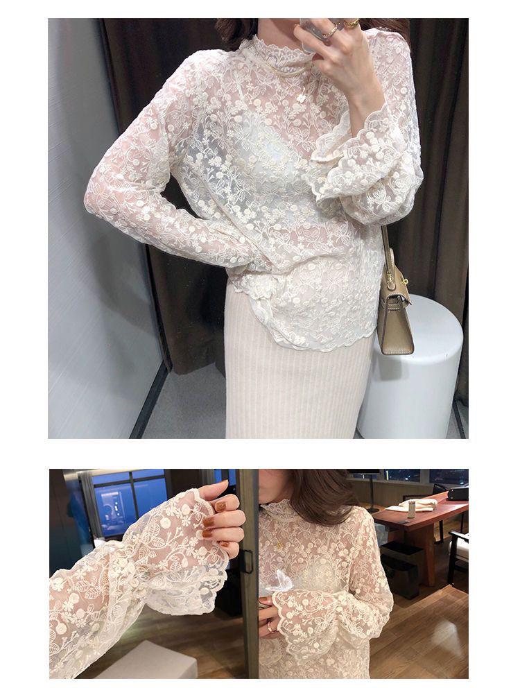 2026 Elegant Korean Style Women's Lace Mesh Top with Half-High Collar - Autumn/Winter Collection