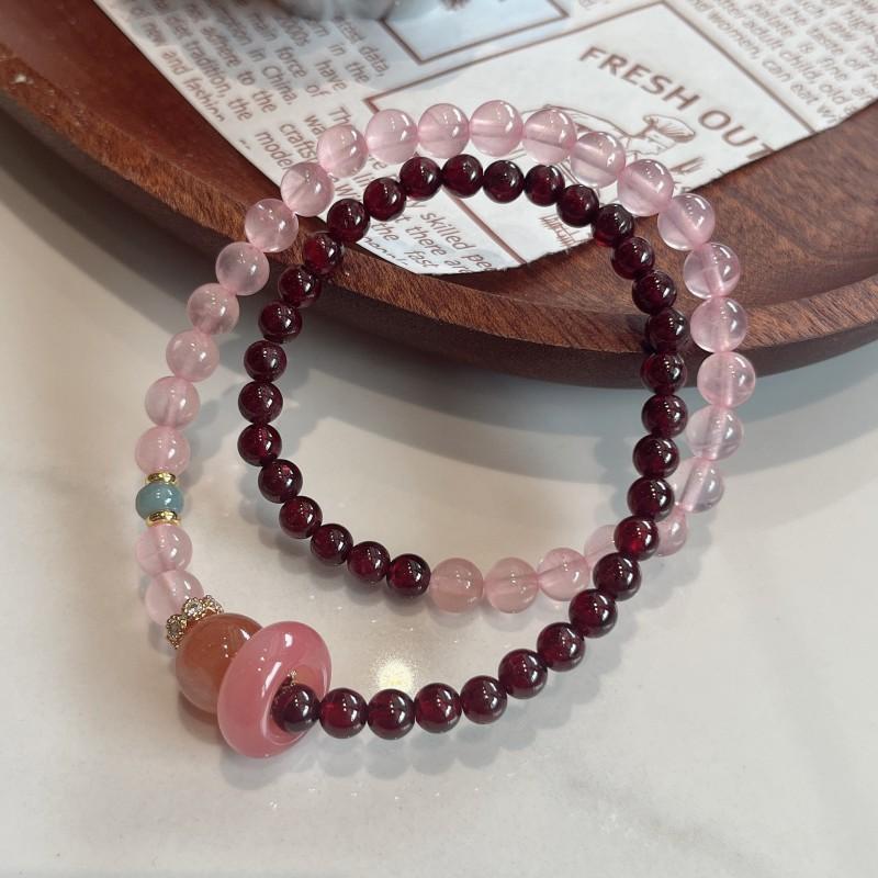 Double Layer Pink Quartz Garnet Beaded Bracelet Women Natural Crystal Handmade Boho Jewelry 6mm Rose Quartz, 5mm Garnet