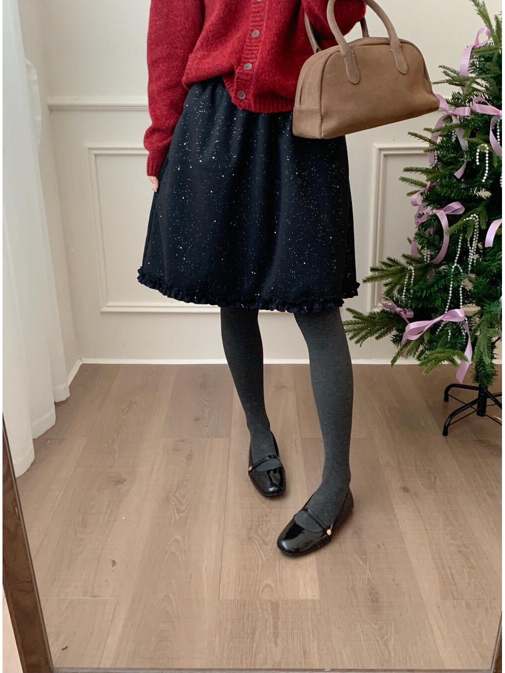 Elegant Ruffled High-Waist Shiny Woolen Skirt - Korean Autumn/Winter Style One Size чёрный