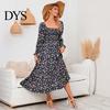Women Dress Long Sleeves Flower Print A-line Square Neck Midi Casual Elastic Bust Backless Patchwork Hem Pleated Spring Fall Chiffon Outfit