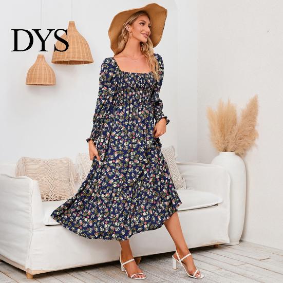 Women Dress Long Sleeves Flower Print A-line Square Neck Midi Casual Elastic Bust Backless Patchwork Hem Pleated Spring Fall Chiffon Outfit