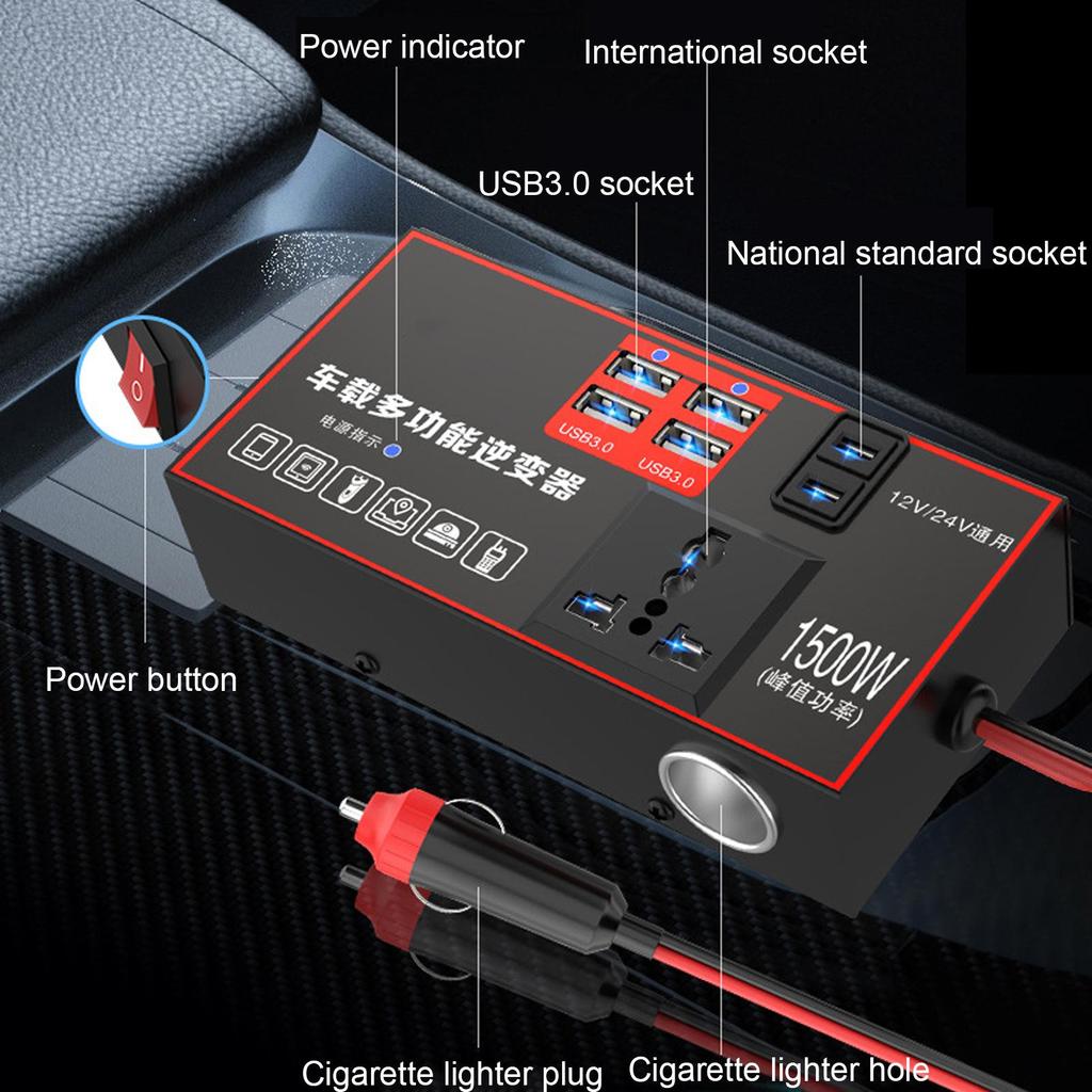 Car Inverter 220V Car Charger Converter 1500W Multiple Ports Automobile Adapter USB Charging For Workstation Marine Truck Road