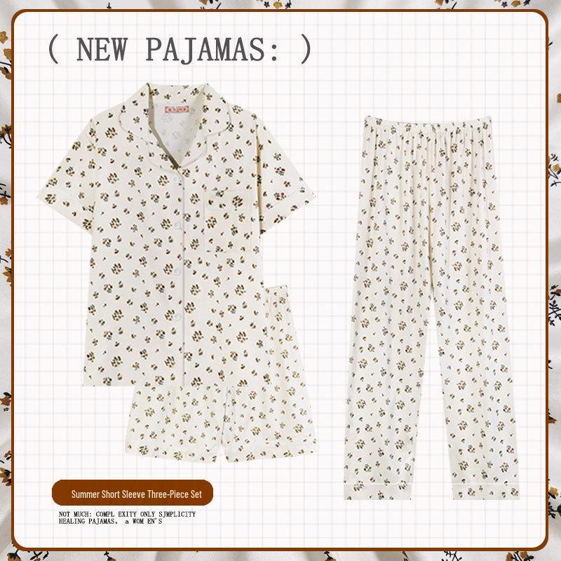 Pastoral Women's Pajama Set: Soft, Cute Rabbit Design, Short-Sleeve, Casual Three-Piece Loungewear.