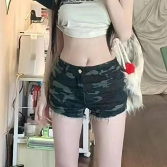 

Новые летние женские джинсовые шорты с камуфляжным принтом и эффектом потертости, ультранизкая посадка XS камуфляжный