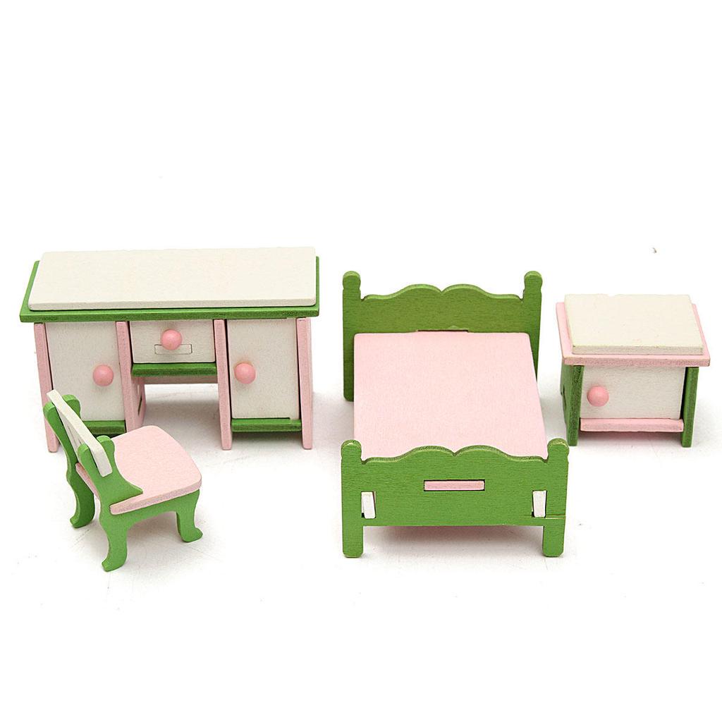 Doll House Miniature Bedroom Wooden Furniture Set Kids Role Pretend Play Toy