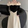 One-word Neck Splicing Contrasting Color Suspender Dress Women's Autumn New French High-end Slim-fitting Waist Temperament Long Dress