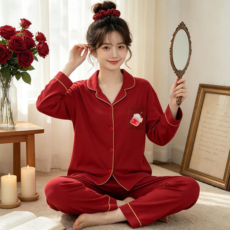 Natal year pajamas women's spring and autumn new imitation cotton long-sleeved red cute cartoon loungewear two-piece set