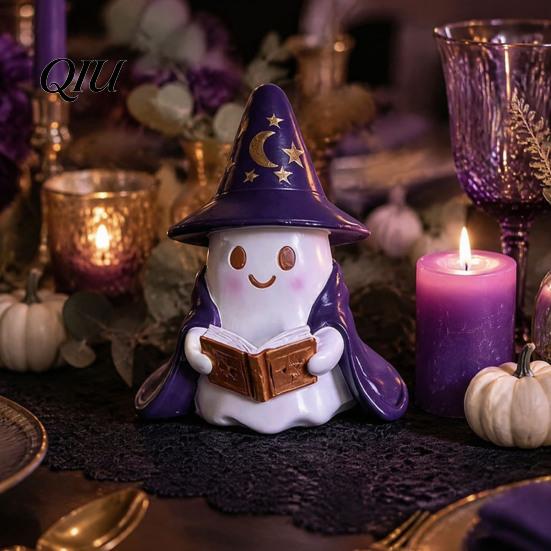 Desktop Halloween Ornament Lighted Ghost Figurine, Resin Wizard Statue with LED Light, Cute Holiday Figurine Reading Book Night Light for Home