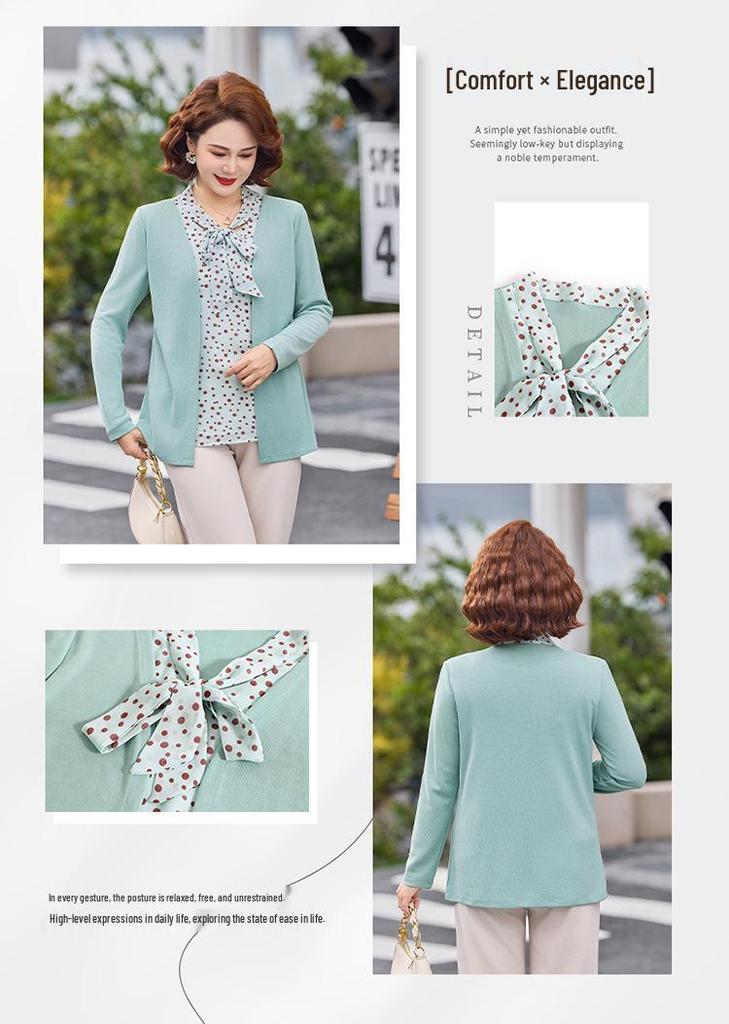 Spring Fashion Knitted Two-Piece Long-Sleeve Shirt for Middle-Aged Women