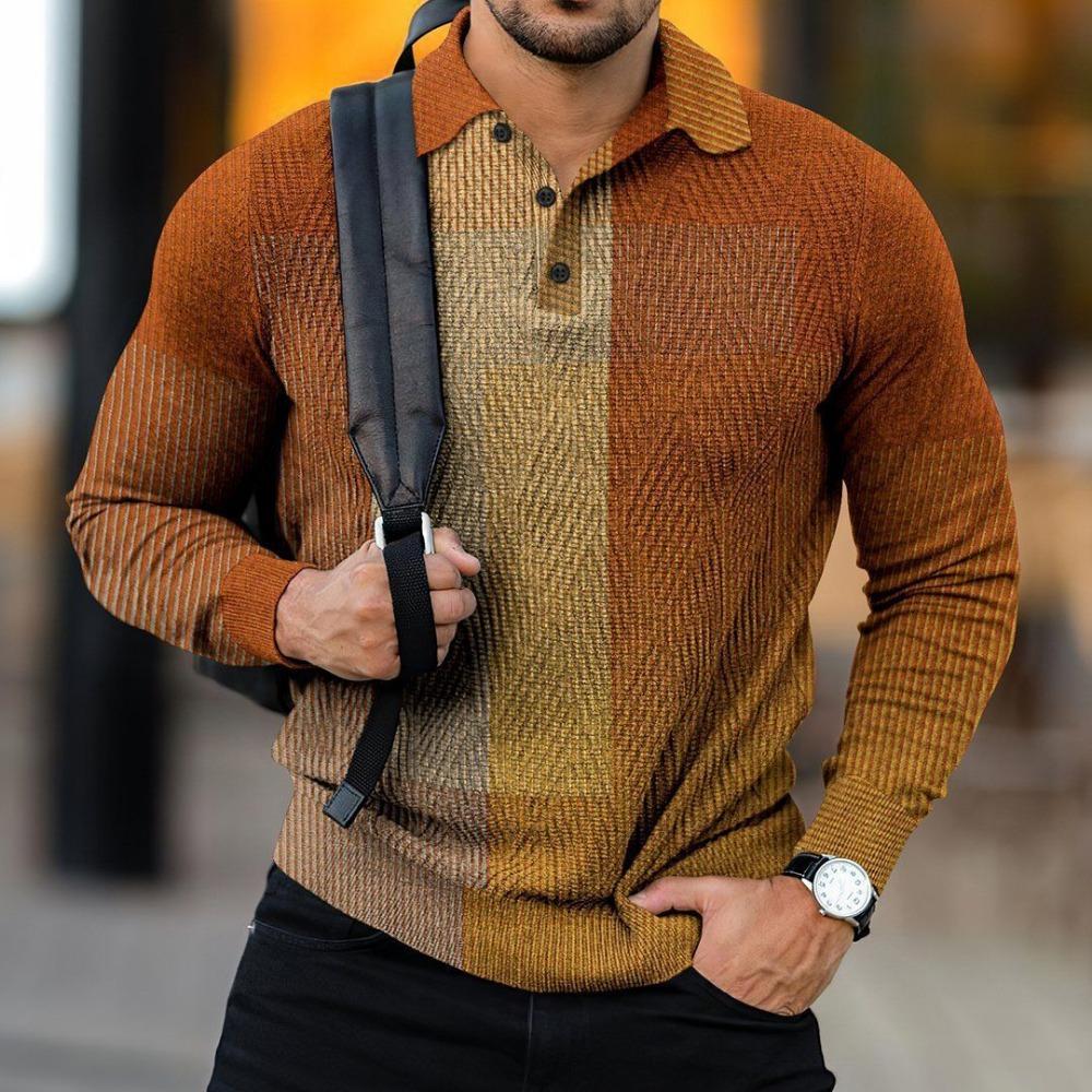 3D Digital Pattern Men s Lapel Button Up Long Sleeve Men s Fashion Style Polo Shirt S