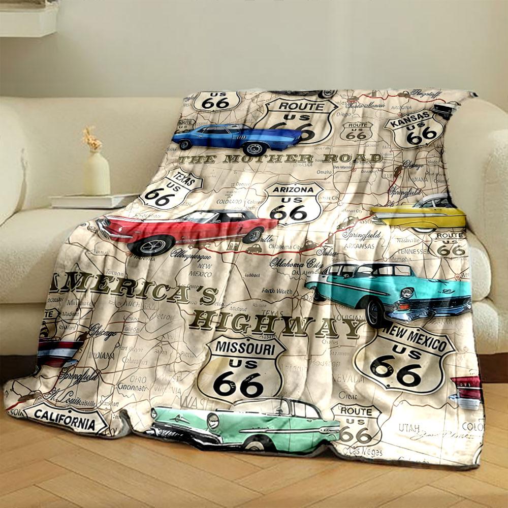 Route 66 Vintage Car Map Blanket Bedroom Blanket for Livingroom Couch Lunch Break Soft Throw for Friend's Festival Gift