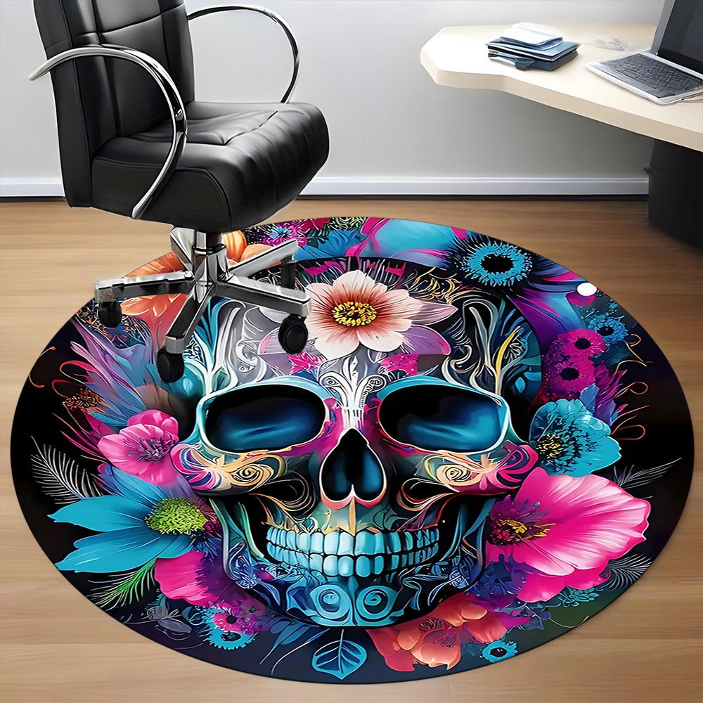 1pc Skull Flowers Office Round Area Rug,  Mat Suitable For Office, Under Office Chairs Bedroom Living Room Home Decor, Room Deco