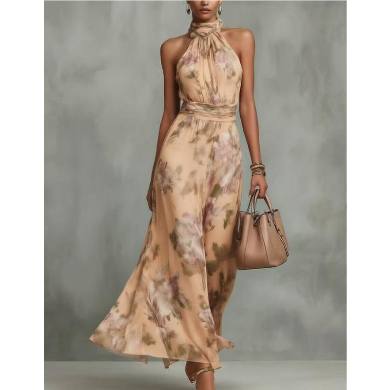 TIFICY Women's Fashion Summer Spring Flower Pattern Print Sleeveless Hanging Neck High Waist Casual Dresses