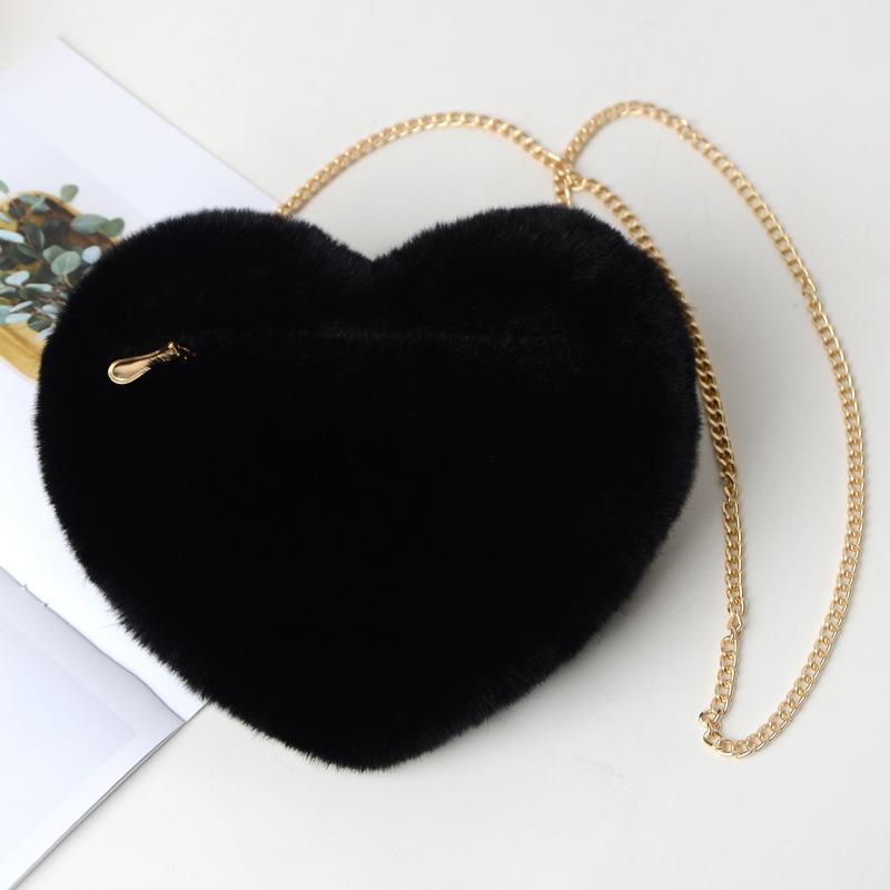 Cute Sweet Love Heart Shaped Women's Crossbody Bags Fashion Soft Plush Ladies One Shoulder Bag Comfortable Fluffy Solid Color Chain Female Handbags