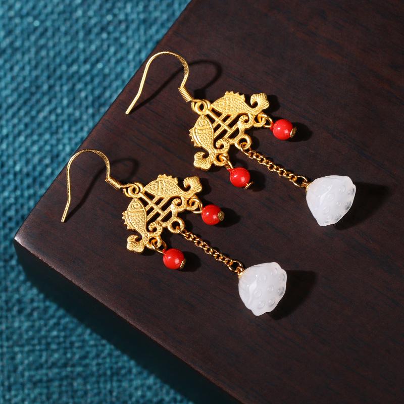 925 Sterling Silver Chinese Style Fish & Dragon Jade Stud Earrings for Women Electroplated Gold