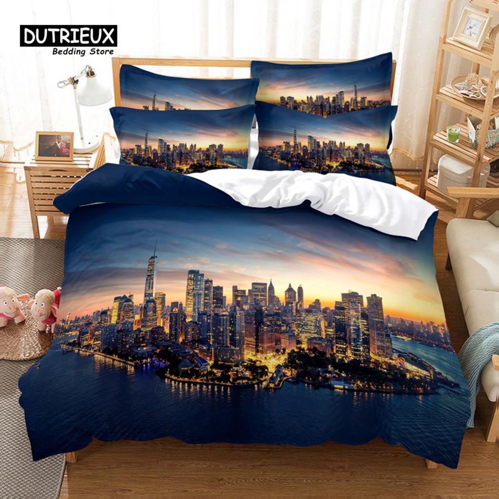City Night Scene Bedding Set, 3Pcs Duvet Cover Set, Soft Comfortable Breathable Duvet Cover, For Bedroom Guest Room Decor