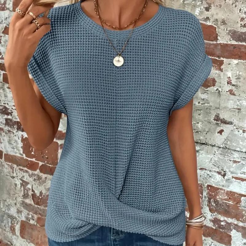 Cross-border Solid Color Round-collar T-shirt Elegant Short-sleeved Twisted Top Spring and Summer Women's Wear