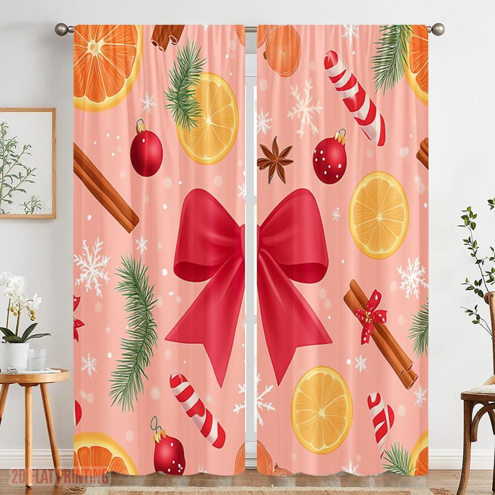 2pcs,2D Plane Printing Minimalist Curtains Christmas Bows Candy Cane Ornaments (2) Versatile 100% Polyester (without Rod)