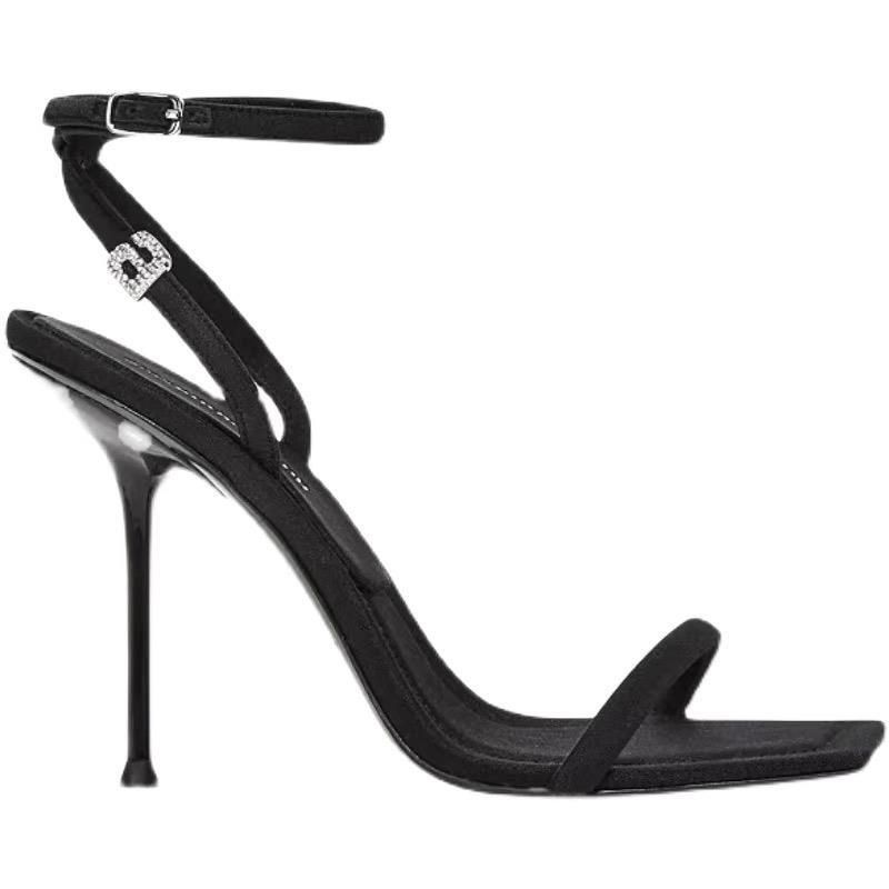 King sandals women's summer 2025 new one-word strap high heels women's thin heel square head rhinestone super sexy women's shoes