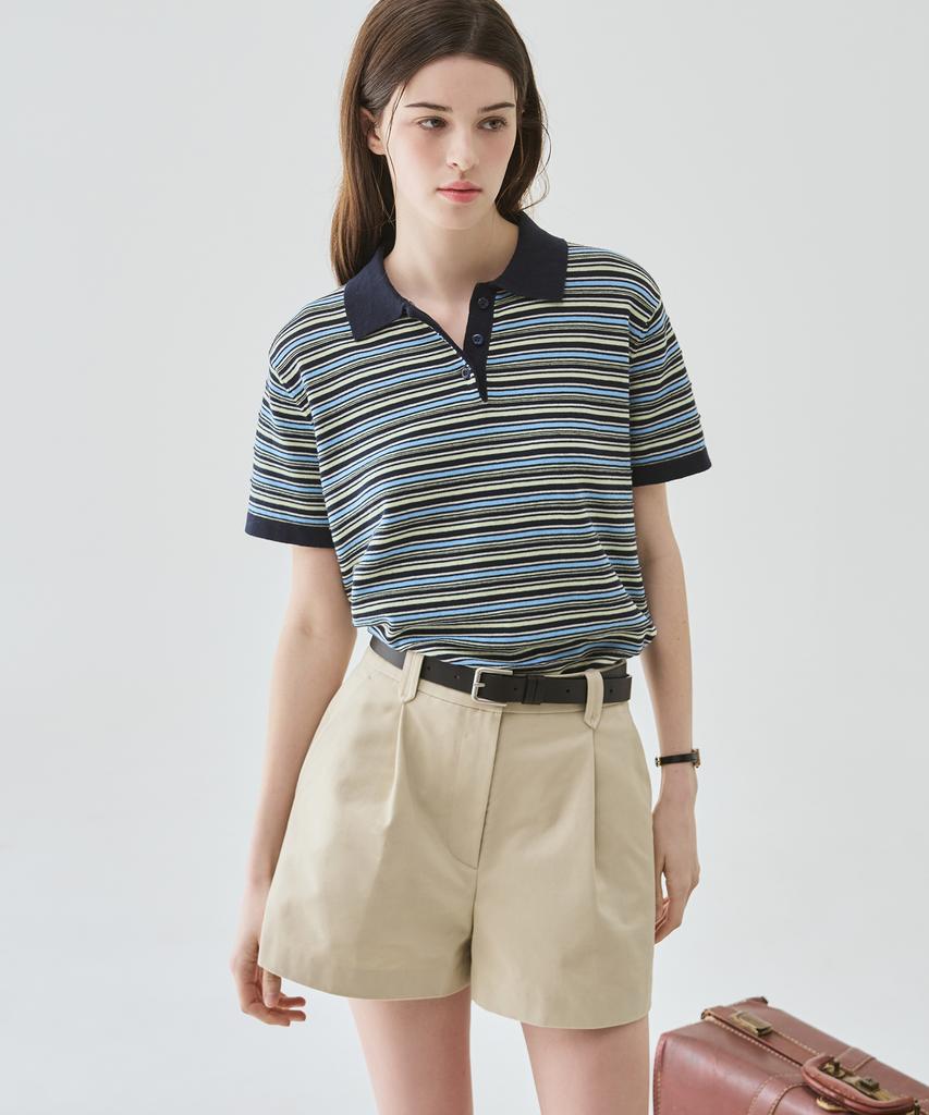 Deuloupisumeon Cotton Striped Short Sleeve Collared Knit [Ivory]