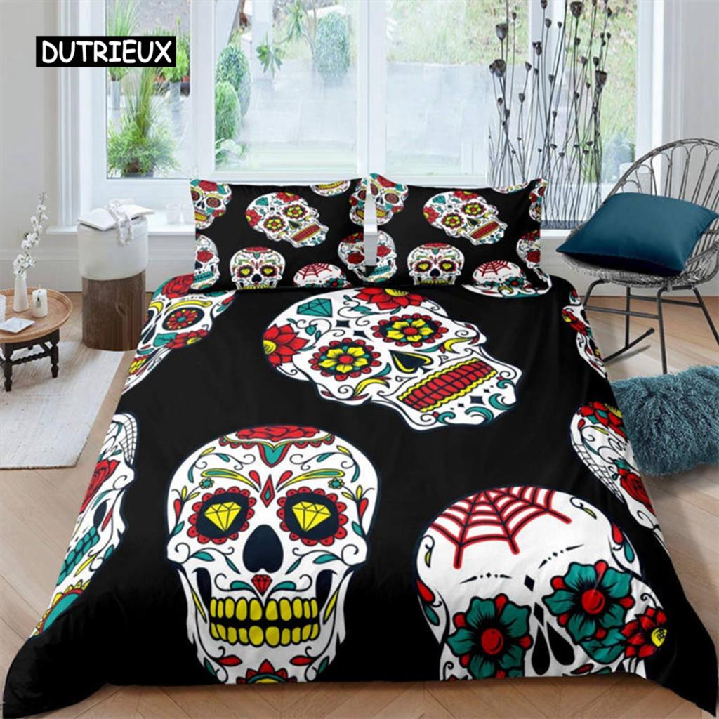 

Пододеяльник с изображением сахарного черепа, роскошный комплект постельного белья с изображением скелета в готическом стиле на тему Хэллоуина, цветочное одеяло, двойной комплект для девочек, детей и подростков US Queen(228x228cm)