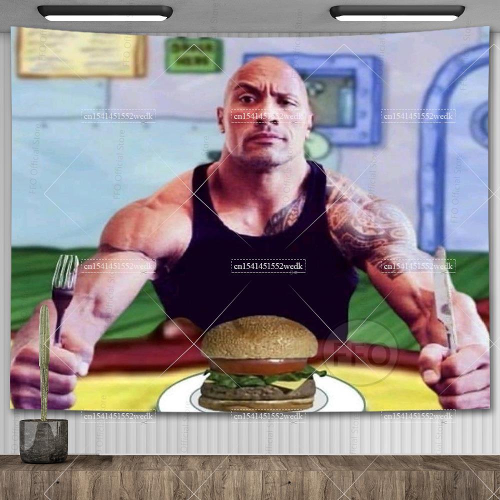 The Rock Johnson isst Blaubeerpfannkuchen Wandbehang Wandteppich Kawaii Zimmerdeko Meme Wandteppich Schlafzimmerdekoration Ästhetisch