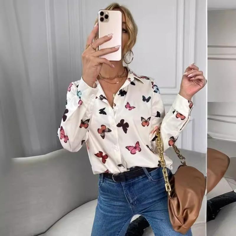 Fashion Butterfly Printed Long Sleeve S-5XL Loose Shirts Women Vintage Single Breasted Plus Size Blouse Women Elegant Lapel Office Blouse Tops 26247