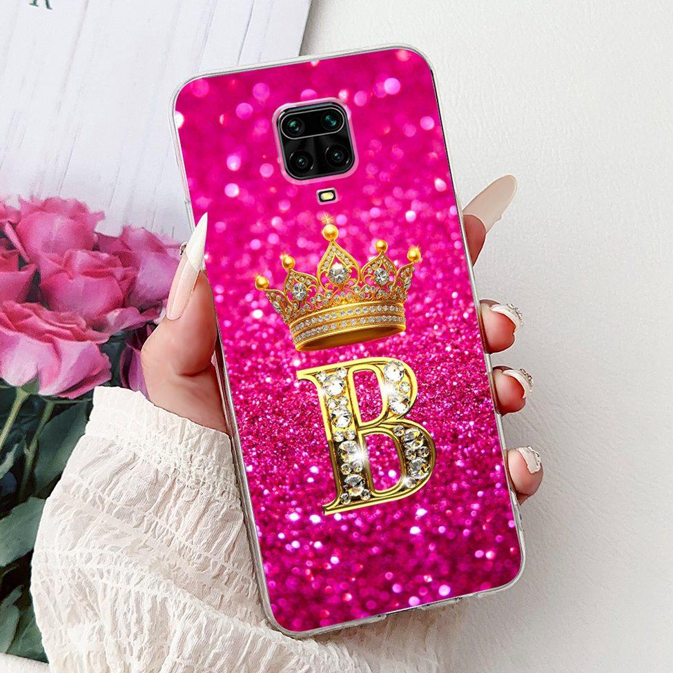 Clear Cover For Xiaomi Redmi Note 9s Case Fashion Luxury A-Z Letters Crown Soft TPU Phone Case M2003J6A1G