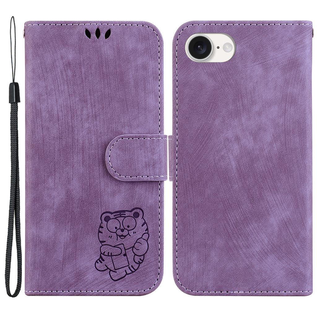 For iPhone 16e Case Wallet PU Leather Flip Phone Stand Cover with Imprinted Tiger Pattern
