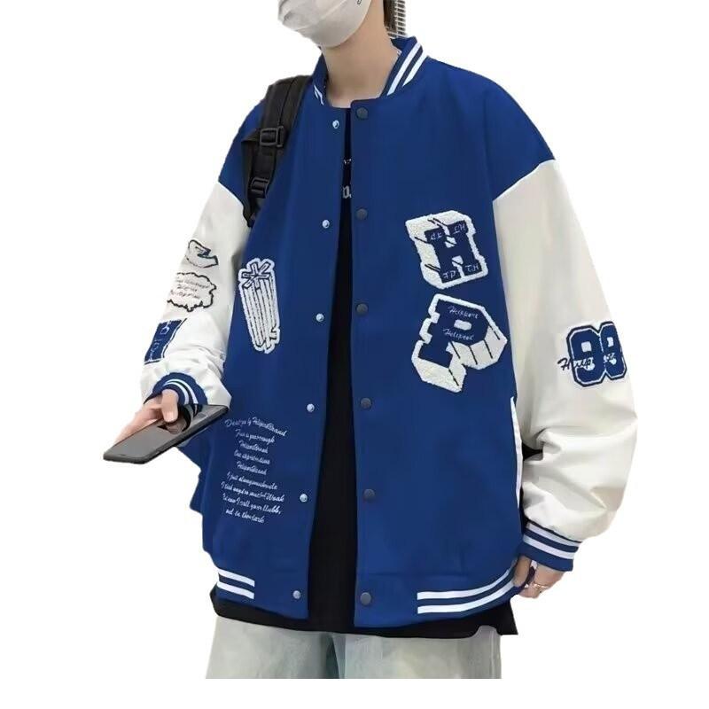 Unisex Streetwear Baseball Jacket With Color-Block Towel Embroidery Oversized Fit Fleece-Lined Collar Fall Casual