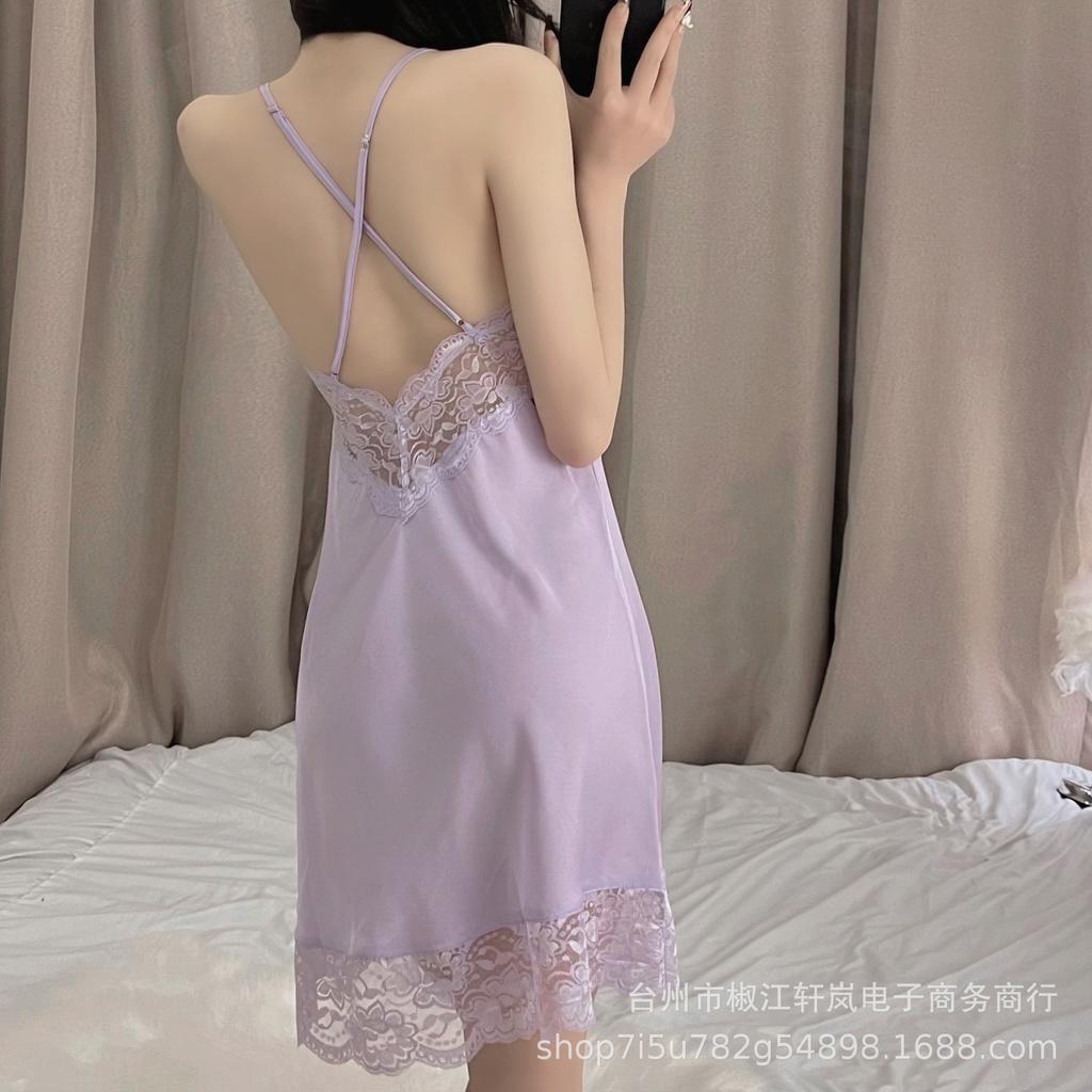 Summer Ice Silk Sexy Nightdress Women's Large Size Pure Desire Thin Suspender Chest Pad Small Chest Lace Pajamas Sex Loungewear