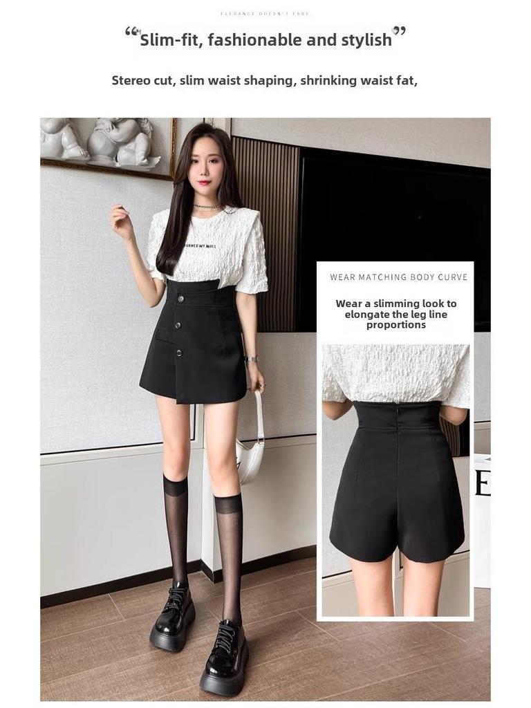 Dámské černé sukně-šortky s vysokým pasem a nepravidelným širokým střihem do A na jaro 2024