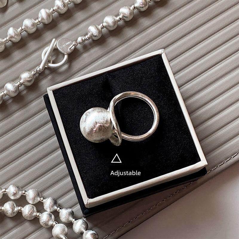 

European and American Heavy Industry Silver Brushed Cat Eye Ball Index Finger Ring Women Niche Design Light Luxury Advanced Adjustable Ring Brushed Ball Ring Applicable Size 17-18mm