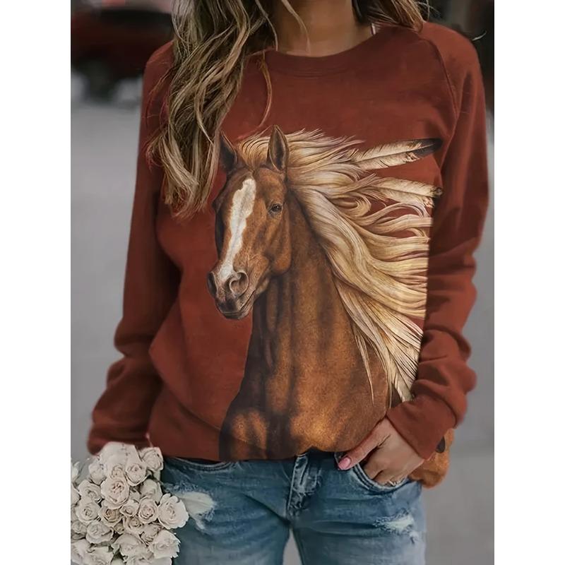Fashion Printed Long Sleeve Casual Crew Neck Top Loose T-Shirts Women’s