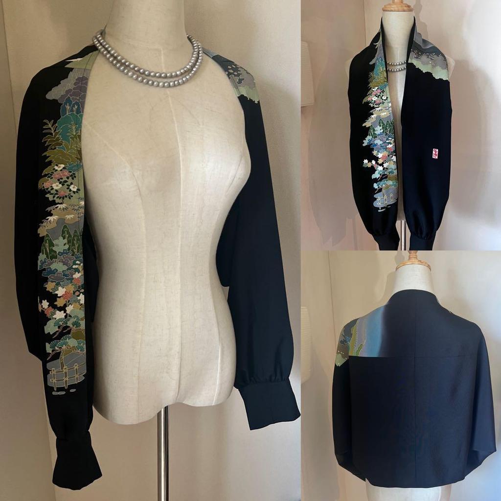 Used No.329 Original Work Black Tomesode Remake Bud Bolero & Stole M~2L Size Length 50