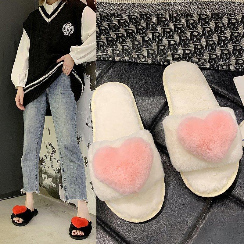 2020 New Autumn and Winter Slippers Light Mouth Flat Heel Flat Bottom Daily Home Plush Cotton Slippers Love One Word Hair Drag