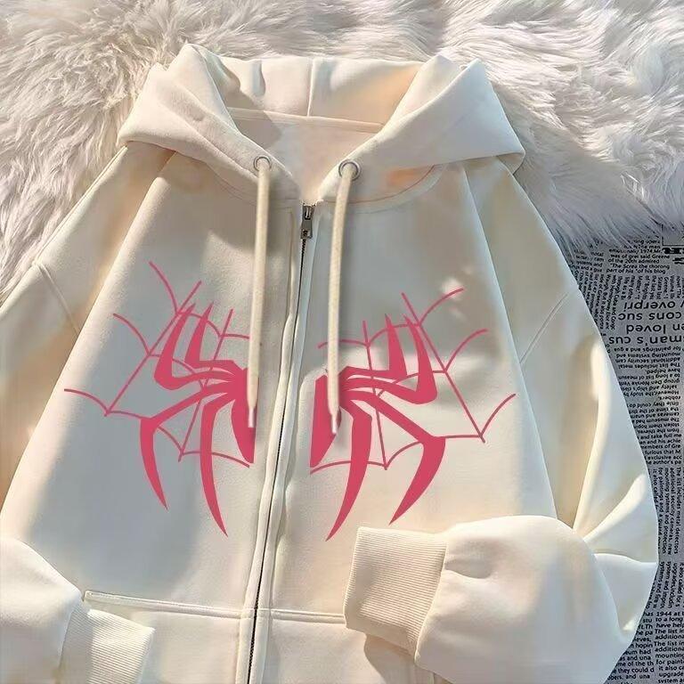 Retro Spider Print Fleece Hooded Sweater Autumn and Winter 2026 New Trendy Brand Loose Niche High Street Jacket