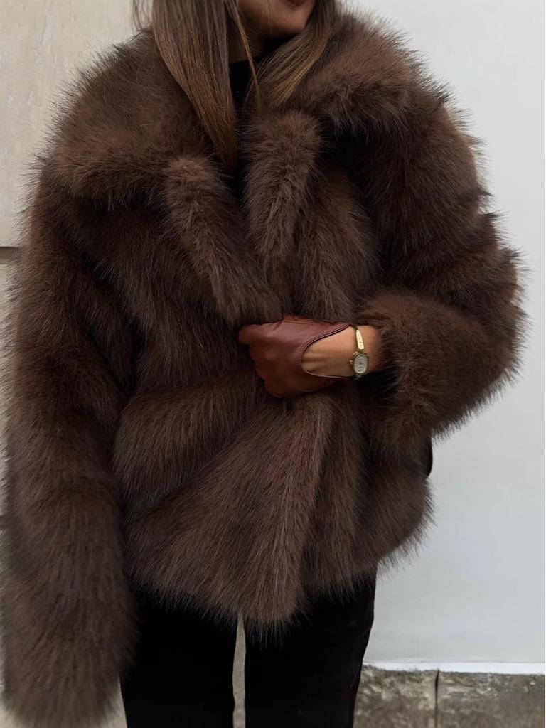 Khaki Faux Fur Long Sleeve Coat - 2025 European/American Autumn/Winter Fashion, Turn-Down Collar, Versatile Style.