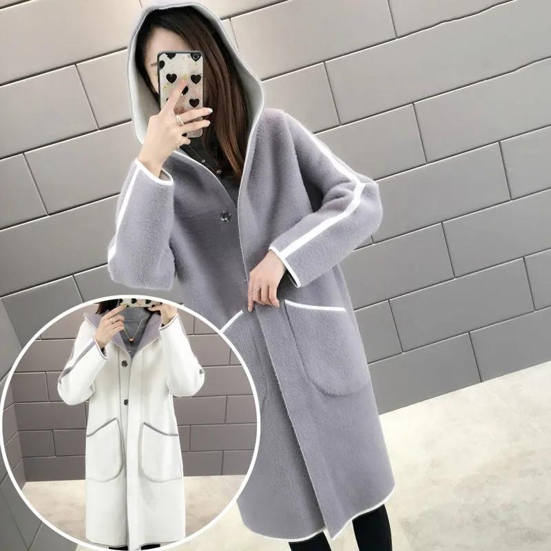 

Двусторонняя куртка из искусственного норкового флиса, женская корейская мода, вязаное пальто средней длины, большой повседневный свитер с капюшоном, кардиган XXXL