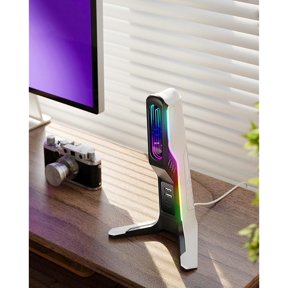 IFYOO RGB Gaming Headset Stand with 2 USB Ports and 1 Type-C Port Black and White Gaming Accessory for PC Xbox PS5 PS4